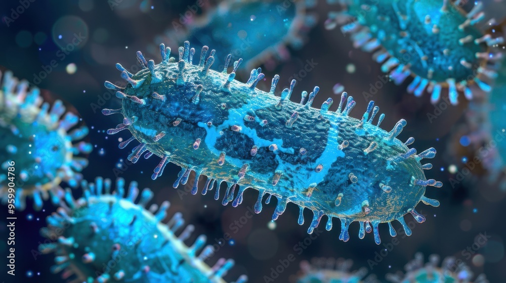 Close-up of virus particles with a blue glow, showcasing their structure during a viral outbreak