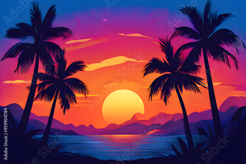 Vibrant Tropical Sunset with Palm Trees Overlooking Ocean and Colorful Sky