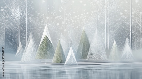 A tranquil winter forest showcases abstract Christmas trees crafted from a variety of triangular forms covered in soft snow. Generative AI