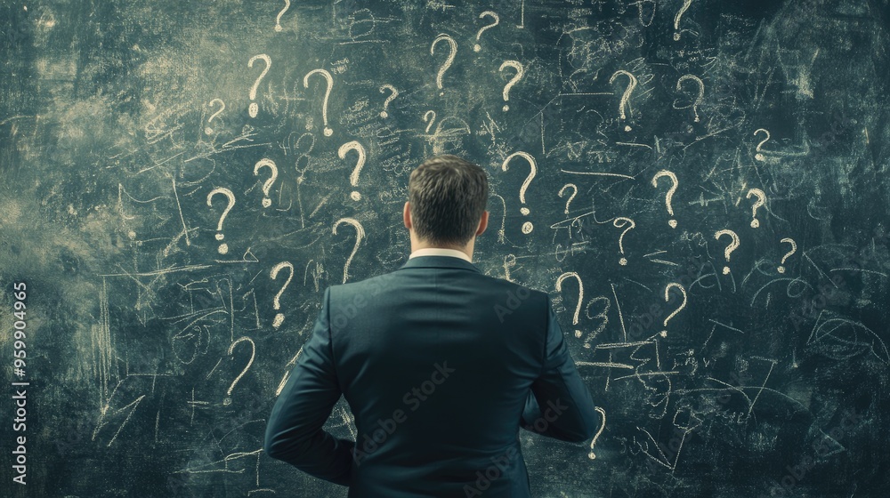 Facing Uncertainty: A Man Contemplates a Wall of Question Marks Facing Uncertainty: A Man Contemplates a Wall of Question Marks
