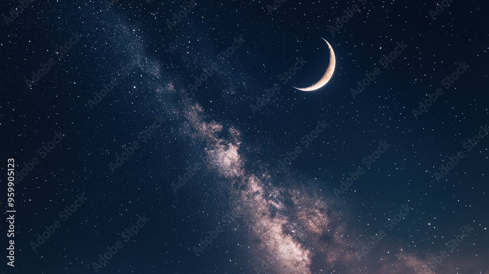 A night sky filled with stars and a glowing Milky Way, with the faint outline of a crescent moon adding to the celestial scene. A night sky filled with stars and a glowing Milky Way, with the faint outline of a crescent moon adding to the celestial scene.