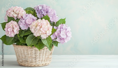 A wicker basket filled with pink and purple pastel hydrangeas, set against a soft background, perfect for springtime decor or floral arrangements. photo