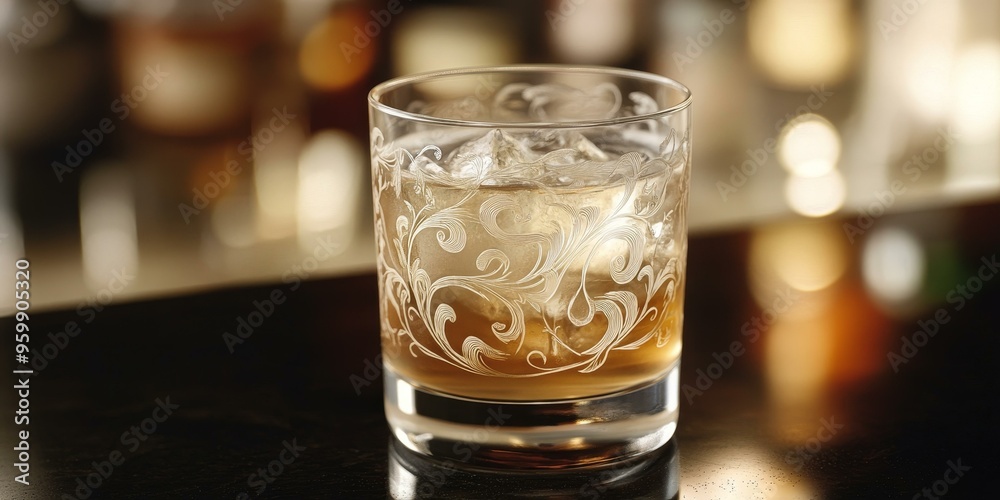 An etched glass with ice and liquid sits on a An etched glass with ice and liquid sits on a