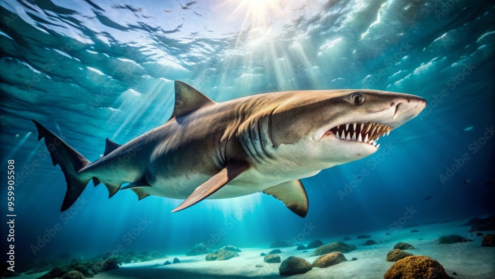 Obraz premium The clear waters of the ocean are home to a majestic sand tiger shark, its striped markings glistening