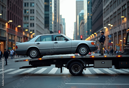 
Side view of a car being towed by a tow truck in a busy city center photo