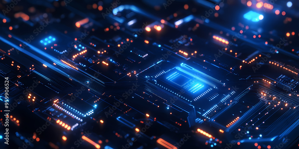 Fototapeta premium Abstract blue glowing circuit board with chips and transistors