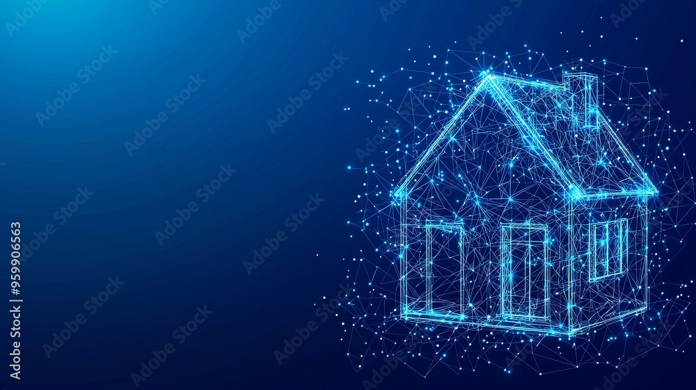 An illustration of a modern smart house with WiFi icon icon icons made from lines, triangles, and particle style designs. An illustration of a modern smart house with WiFi icon icon icons made from lines, triangles, and particle style designs.