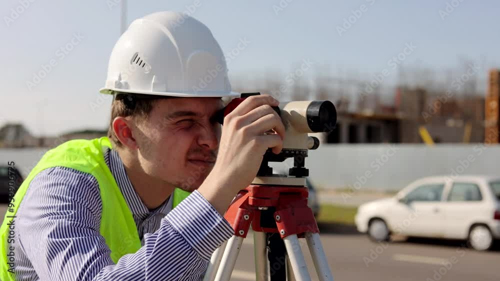 Portrait of a man site engineer surveyor using a survey camera on a building construction site outdoors Portrait of a man site engineer surveyor using a survey camera on a building construction site outdoors