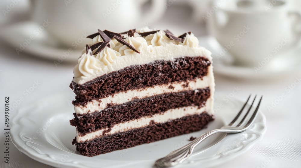 A close-up of a slice of rich chocolate cake with layers of creamy frosting, served on a white porcelain dish with a fork placed beside it. A close-up of a slice of rich chocolate cake with layers of creamy frosting, served on a white porcelain dish with a fork placed beside it.