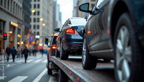  Side view of a car being towed by a tow truck in a busy city center