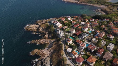 Top cinematic Aerial view of town Chernomorets, Burgas Region, Bulgaria. Nature and landscape from above. Cozy Bulgarian city near the Black Sea.  photo