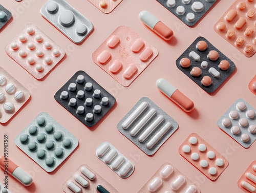 Assorted Blister Packs of Colorful Pills and Supplements Arranged Neatly on a Light Pink Background, Highlighting Modern Healthcare and Wellness