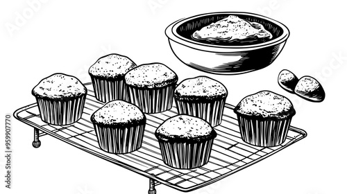 Baked muffins on a cooling rack with a bowl of batter nearby