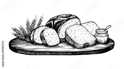 Wooden board with handcrafted bread loaves, freshly cut slices, and artisanal spreads nearby
