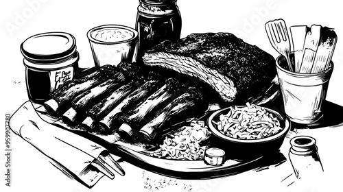 BBQ spread with ribs, cornbread, and coleslaw, set on a table with condiments and napkins