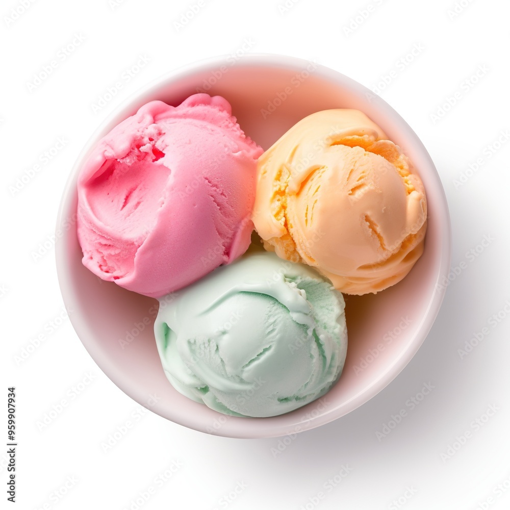 Multi flavour ice cream in a white bowl top view isolated on a white background Multi flavour ice cream in a white bowl top view isolated on a white background