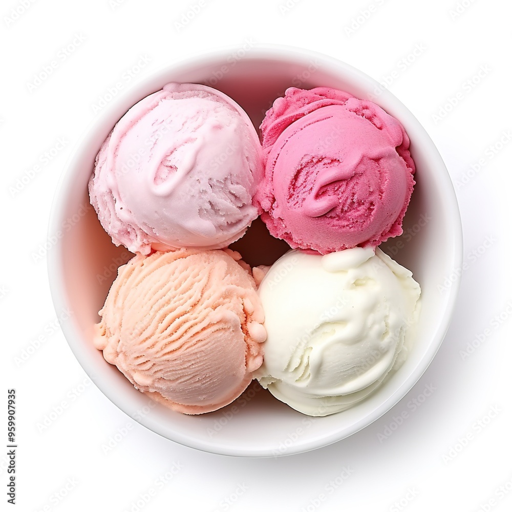 Multi flavour ice cream in a white bowl top view isolated on a white background