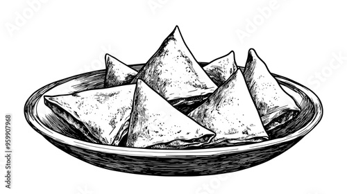 Ceramic dish of spanakopita triangles arranged neatly on a linen tablecloth