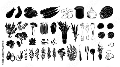 Fresh vegetables, proteins, and pre-measured seasonings laid out in an orderly fashion without packaging