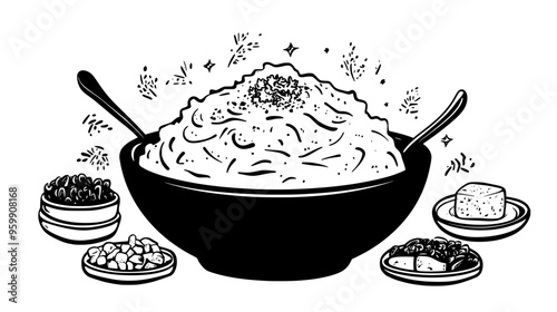 Large bowl of mashed potatoes surrounded by small plates of traditional comfort food sides