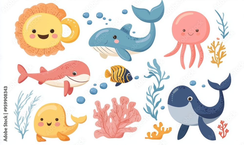 River and sea underwater animals. Fish of different species of sea.