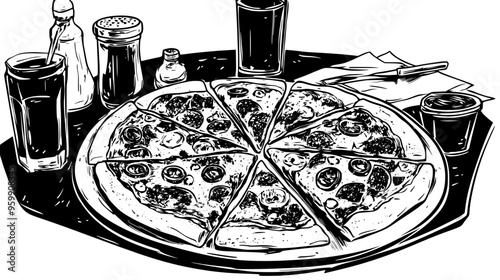 Large pizza cut into slices, placed on a table with a selection of sauces and napkins