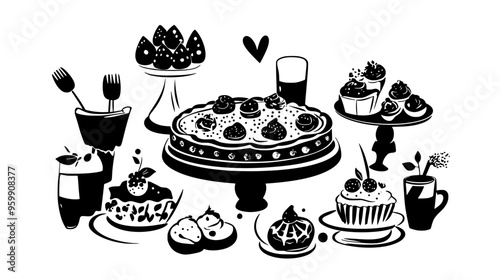 Pie on a decorated table with assorted pastries and desserts placed nearby