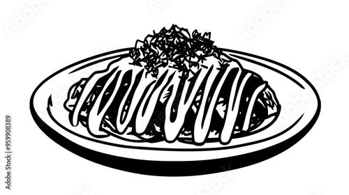 Okonomiyaki pancake topped with mayonnaise and bonito flakes