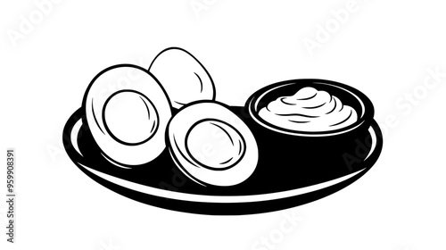 Plate of hard-boiled eggs, sliced in half, beside a small bowl of mayonnaise