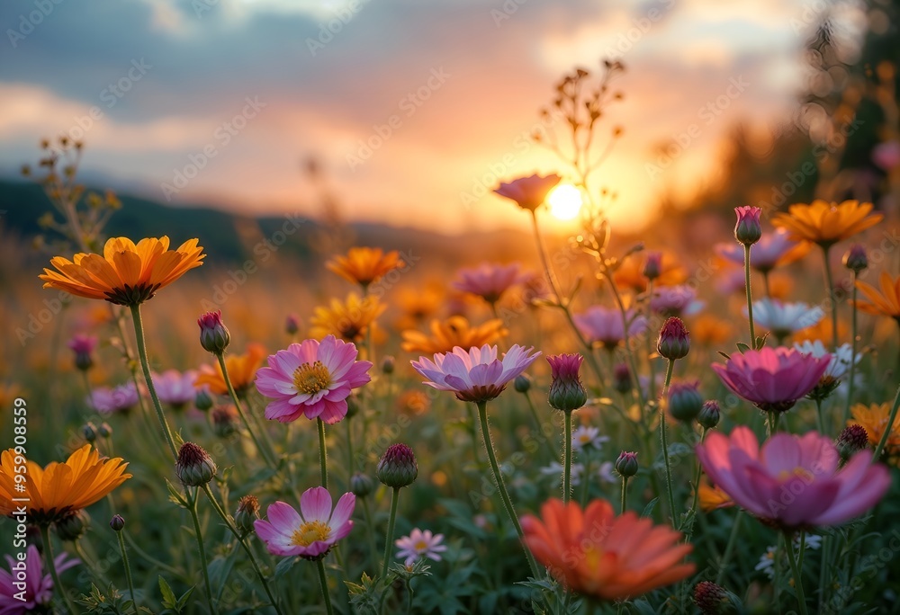Vibrant Field of Colorful Flowers at Sunset with a Stunning Horizon Vibrant Field of Colorful Flowers at Sunset with a Stunning Horizon