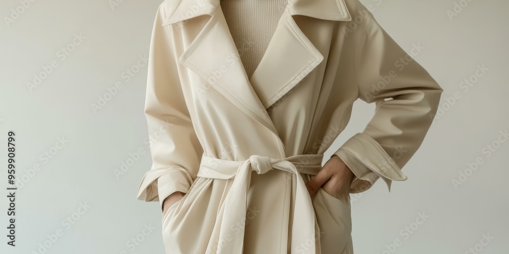 Woman wearing a cream-colored trench coat. Woman wearing a cream-colored trench coat.
