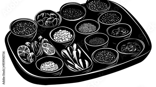 Tray with an assortment of superfood ingredients, each portioned into small bowls