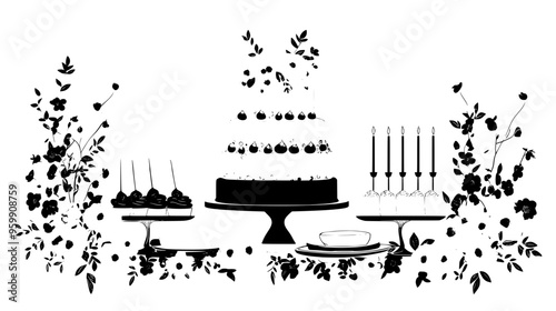 Wedding cake surrounded by dessert plates, set on table with floral arrangement