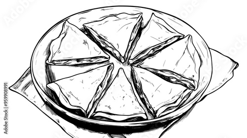 Ceramic dish of spanakopita triangles arranged neatly on a linen tablecloth