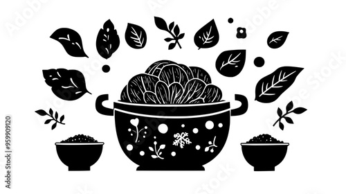 Fermenting crock with cabbage surrounded by small bowls of spices