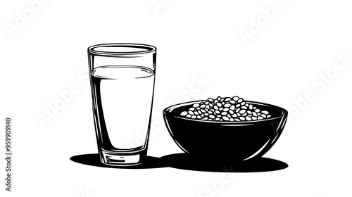 Glass of soy milk beside a bowl of oatmeal