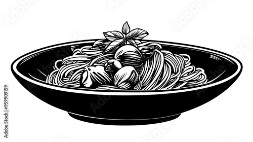 Gourmet pasta dish with finely detailed ingredients presented on an elegant, shallow bowl