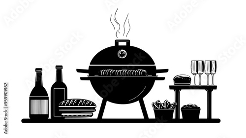 Grill with hamburgers and hot dogs cooking, with a table of BBQ sides nearby