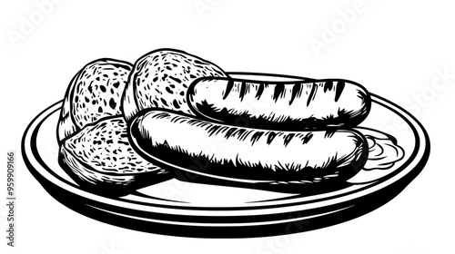 Grilled sausages with mustard and bread on a plate