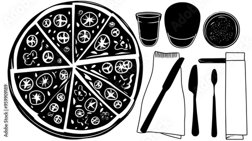Large pizza cut into slices, placed on a table with a selection of sauces and napkins