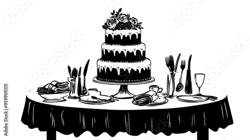 Large wedding cake on a decorated table with serving utensils, plates, and napkins