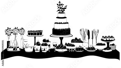 Table set with elegantly arranged dishes, including multi-tiered wedding cake and various hors d'oeuvres