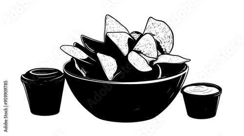 Bowl of chips with a container of dip on the side