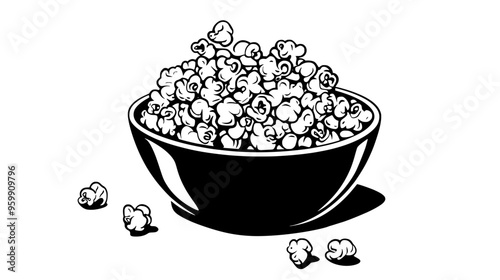 Bowl of popcorn with scattered kernels on the table