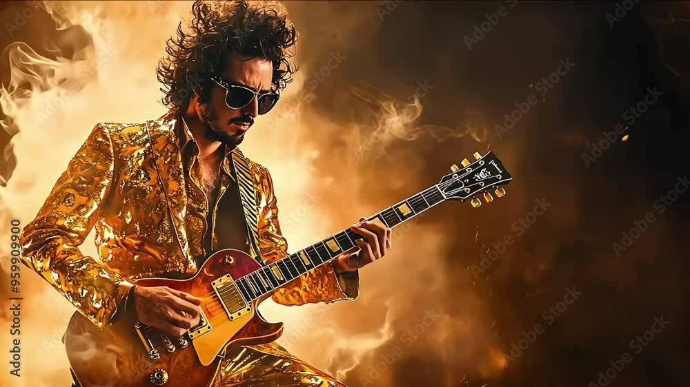 Solo play of rock guitarist with glittering jacket