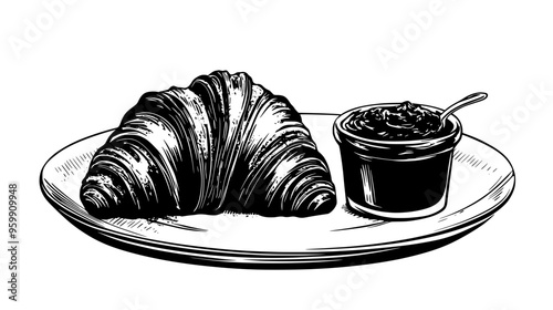 Croissant on a plate with a small pot of jam beside it