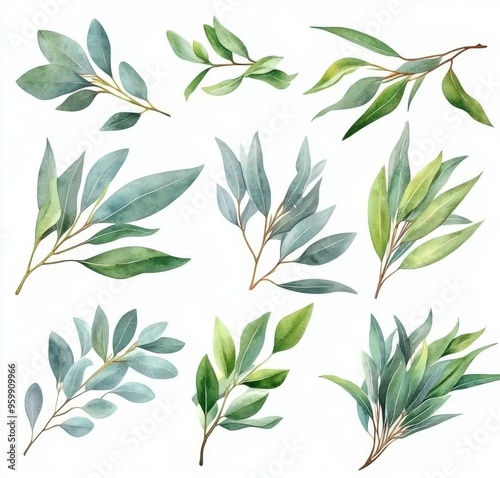 Wallpaper Mural Decorative watercolor eucalyptus leaves and branches set. Hand painted small seeded and silver dollar eucalyptus elements. Flower illustration isolated on white. Torontodigital.ca