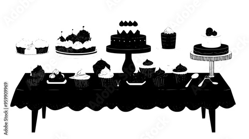 Display of assorted wedding desserts, including cupcakes and small cake, arranged on decorated table