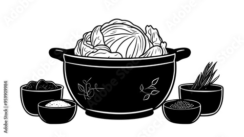 Fermenting crock with cabbage surrounded by small bowls of spices