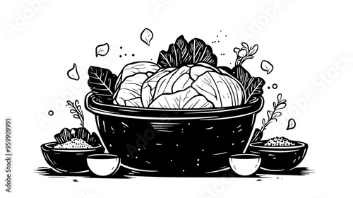 Fermenting crock with cabbage surrounded by small bowls of spices